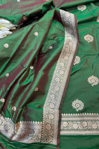 Green Pure Katan Silk Banarasi Handloom Three Piece Unstitched Suit Set - Luxurion World