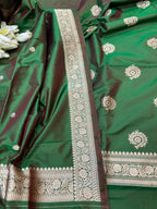 Green Pure Katan Silk Banarasi Handloom Three Piece Unstitched Suit Set