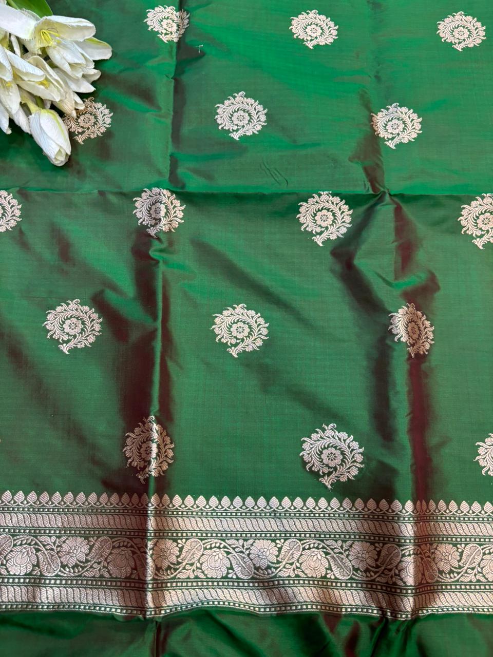 Green Pure Katan Silk Banarasi Handloom Three Piece Unstitched Suit Set