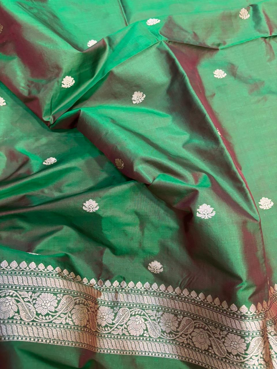 Green Pure Katan Silk Banarasi Handloom Three Piece Unstitched Suit Set