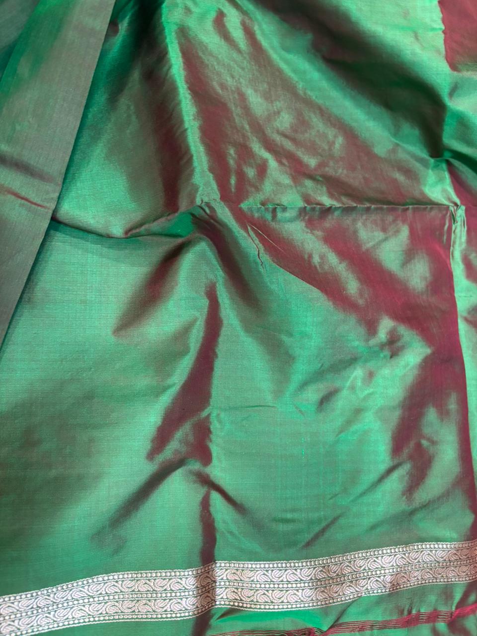 Green Pure Katan Silk Banarasi Handloom Three Piece Unstitched Suit Set