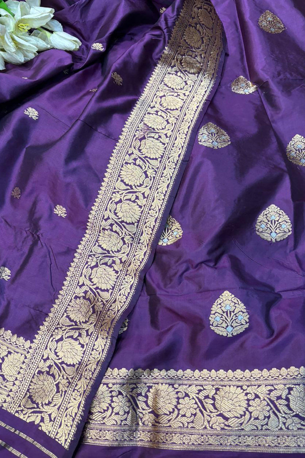 Purple Pure Katan Silk Banarasi Handloom Three Piece Unstitched Suit Set - Luxurion World