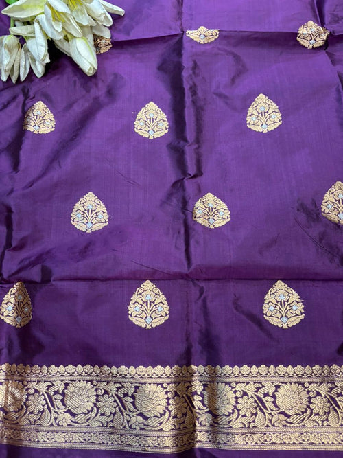 Purple Pure Katan Silk Banarasi Handloom Three Piece Unstitched Suit Set