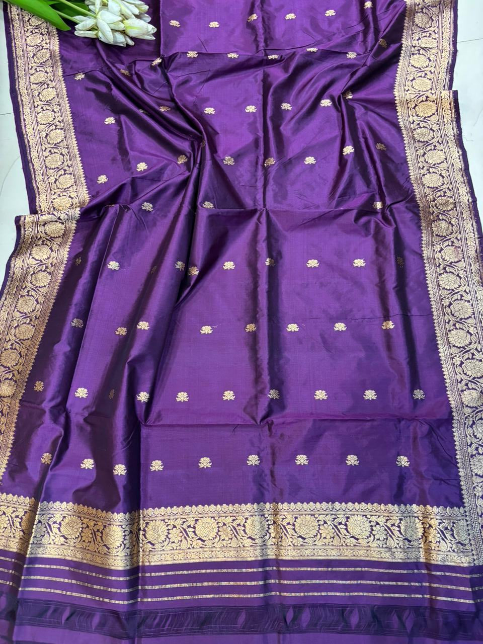 Purple Pure Katan Silk Banarasi Handloom Three Piece Unstitched Suit Set