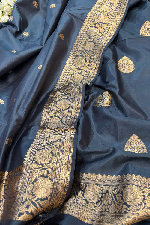 Black Pure Katan Silk Banarasi Handloom Three Piece Unstitched Suit Set - Luxurion World