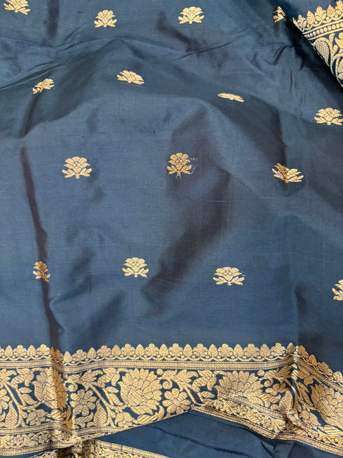Black Pure Katan Silk Banarasi Handloom Three Piece Unstitched Suit Set