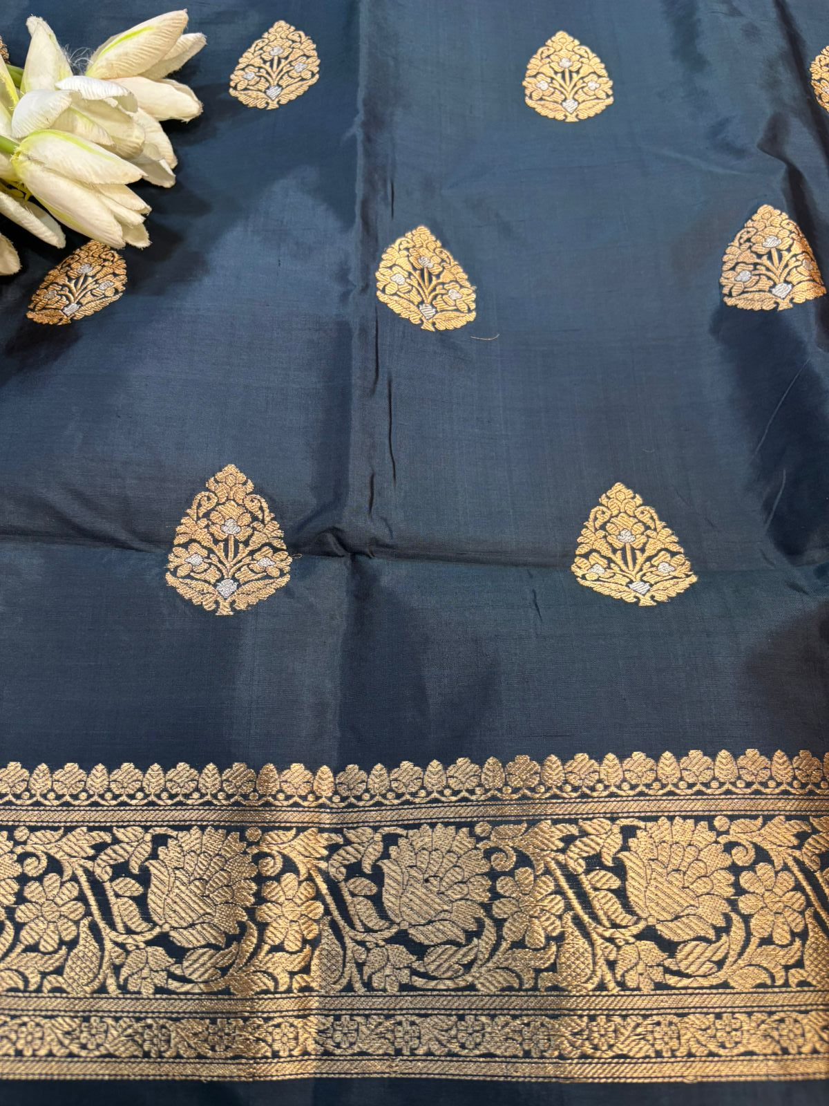 Black Pure Katan Silk Banarasi Handloom Three Piece Unstitched Suit Set