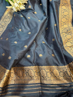 Black Pure Katan Silk Banarasi Handloom Three Piece Unstitched Suit Set
