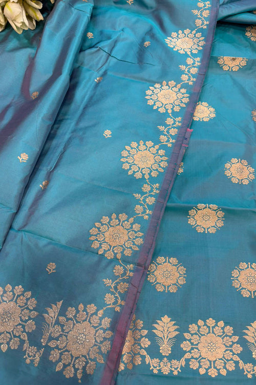 Blue Pure Katan Silk Banarasi Handloom Three Piece Unstitched Suit Set - Luxurion World
