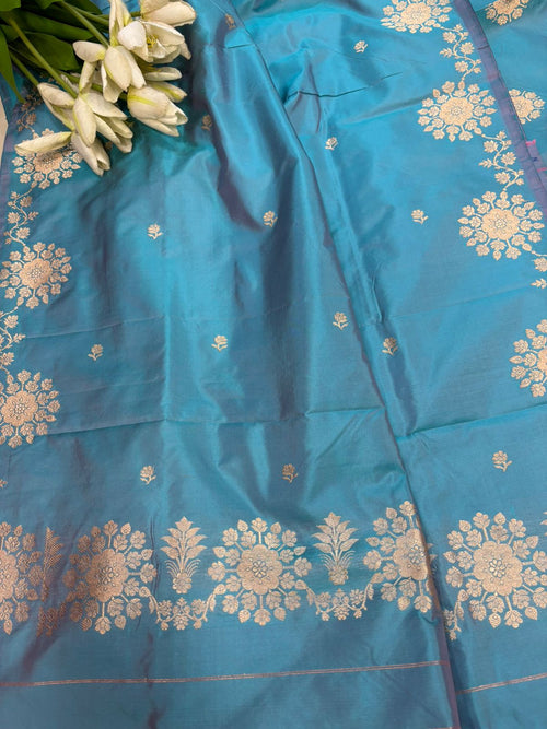 Blue Pure Katan Silk Banarasi Handloom Three Piece Unstitched Suit Set