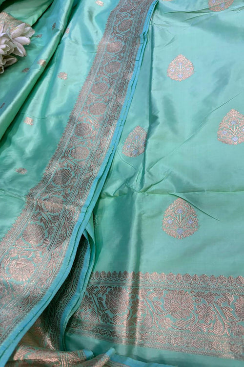 Blue Pure Katan Silk Banarasi Handloom Three Piece Unstitched Suit Set - Luxurion World