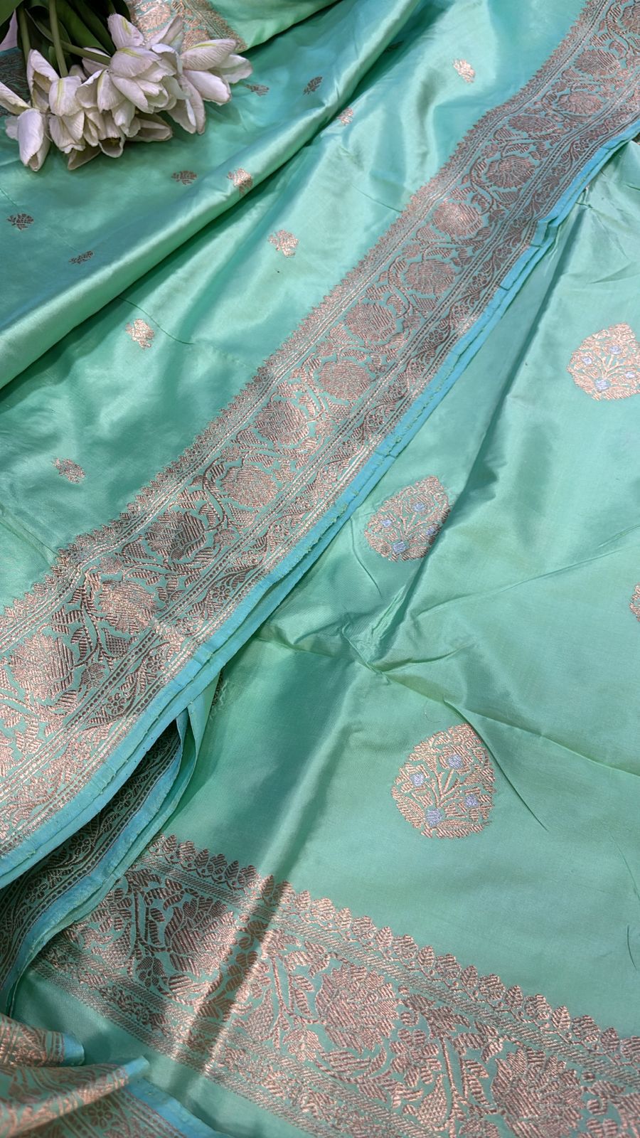 Blue Pure Katan Silk Banarasi Handloom Three Piece Unstitched Suit Set