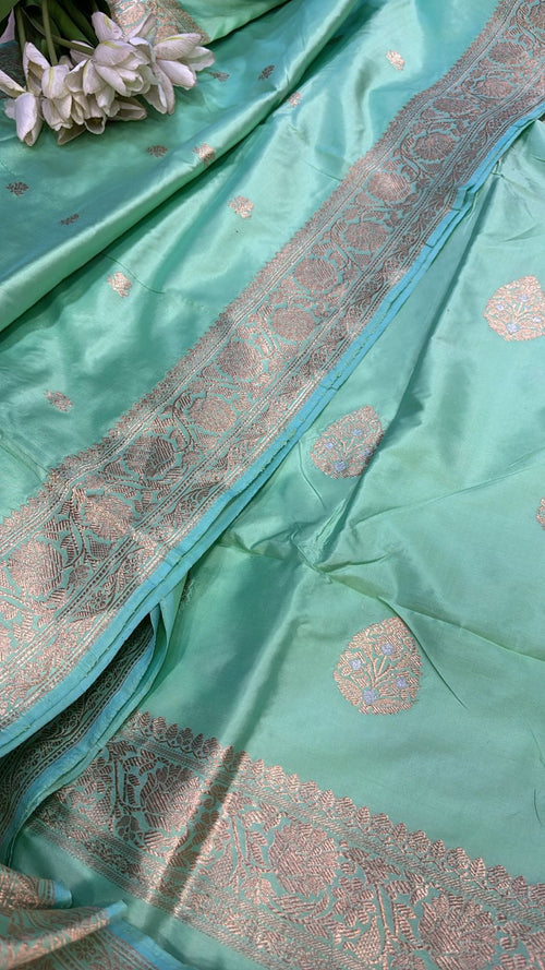 Blue Pure Katan Silk Banarasi Handloom Three Piece Unstitched Suit Set
