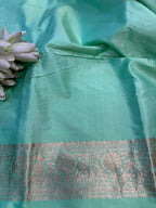 Blue Pure Katan Silk Banarasi Handloom Three Piece Unstitched Suit Set