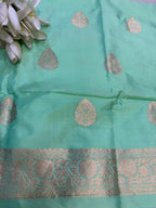 Blue Pure Katan Silk Banarasi Handloom Three Piece Unstitched Suit Set