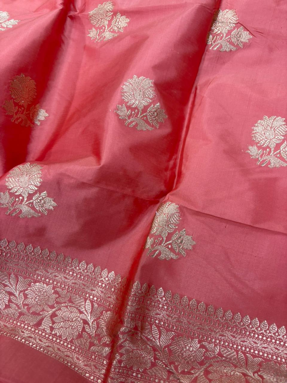 Pink Pure Katan Silk Banarasi Handloom Three Piece Unstitched Suit Set