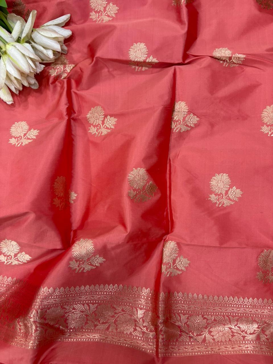 Pink Pure Katan Silk Banarasi Handloom Three Piece Unstitched Suit Set