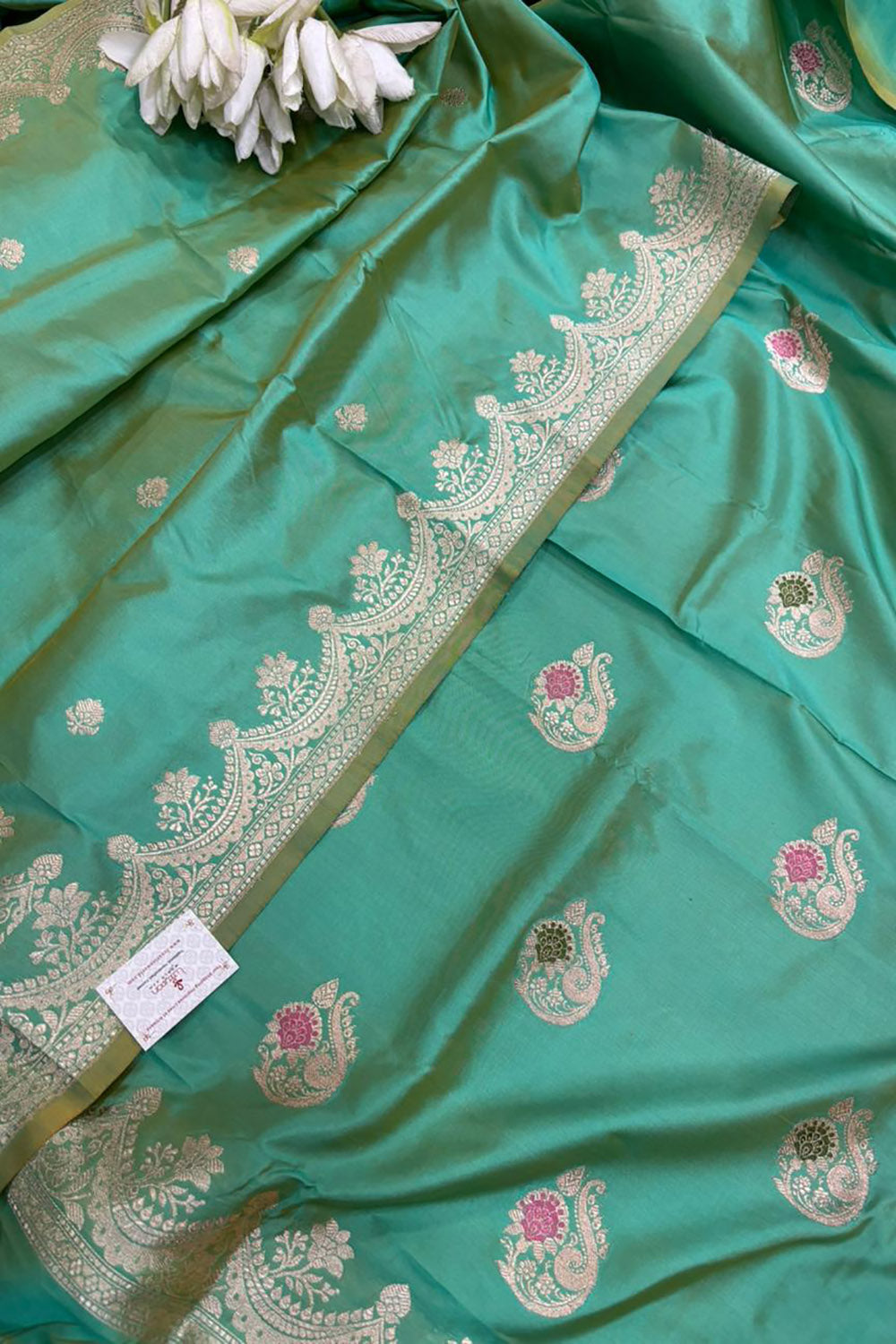 Green Pure Katan Silk Banarasi Handloom Three Piece Unstitched Suit Set