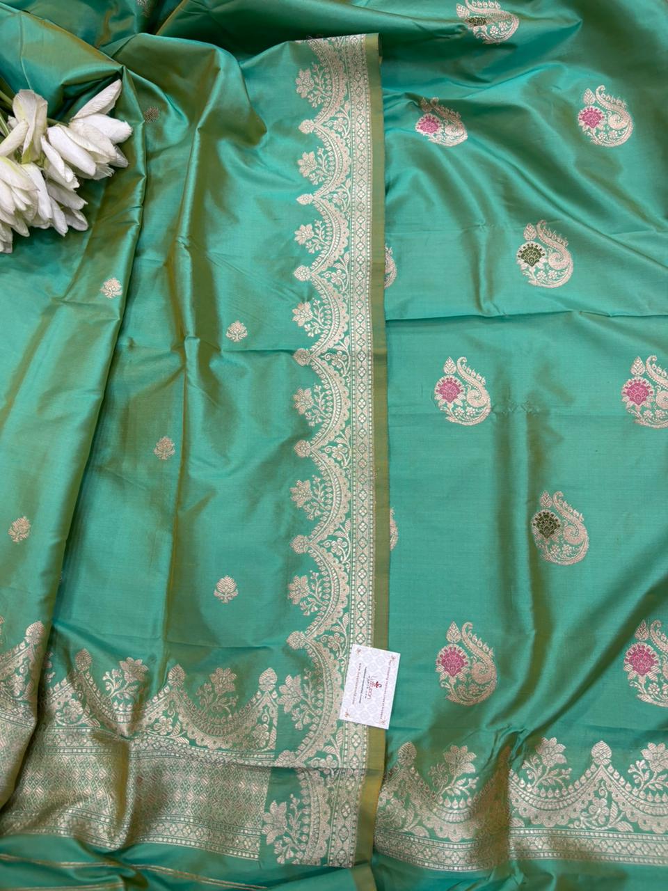 Green Pure Katan Silk Banarasi Handloom Three Piece Unstitched Suit Set