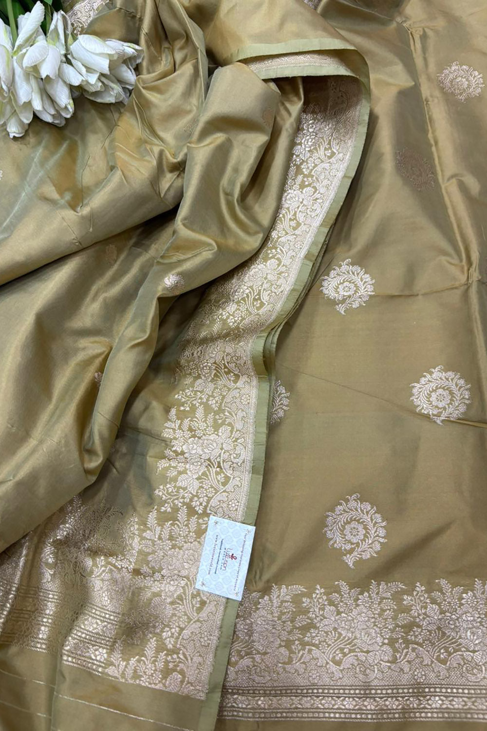 Green Pure Katan Silk Banarasi Handloom Three Piece Unstitched Suit Set