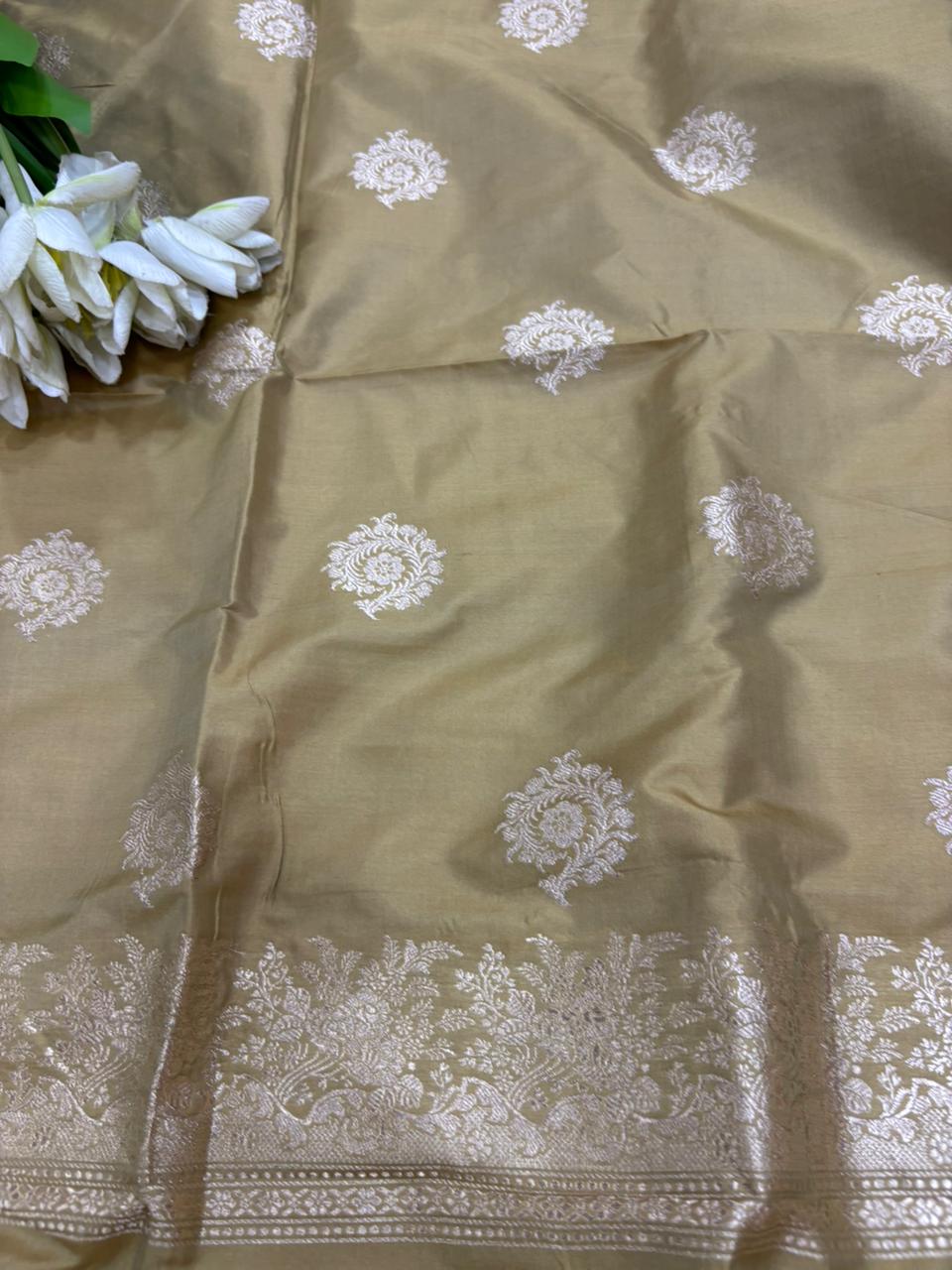 Green Pure Katan Silk Banarasi Handloom Three Piece Unstitched Suit Set