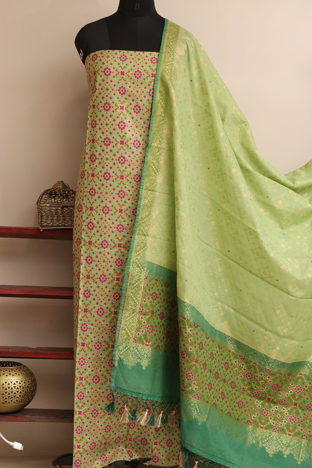 Green Banarasi Cotton Meenakari Three Piece Unstitched Suit Set - Luxurion World