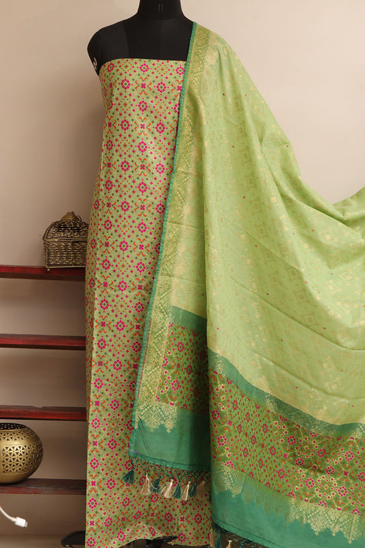 Green Banarasi Cotton Meenakari Three Piece Unstitched Suit Set - Luxurion World