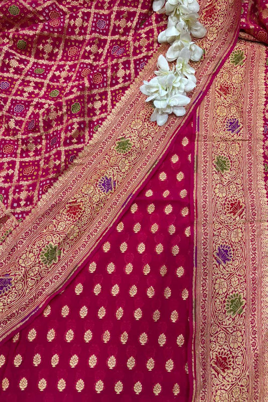 Pink Bandhani Pure Georgette Unstitched Three Piece Suit Set - Luxurion World