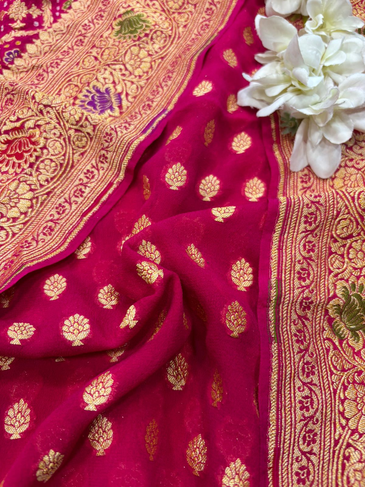 Pink Bandhani Pure Georgette Unstitched Three Piece Suit Set - Luxurion World