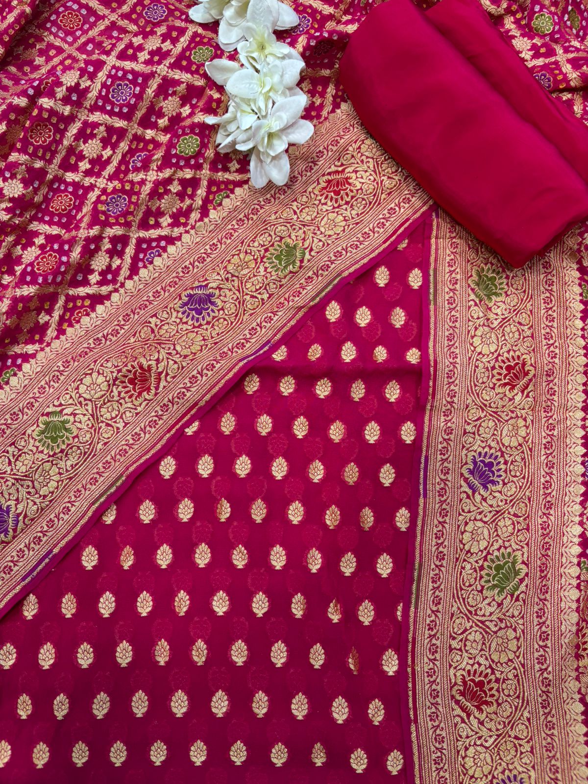 Pink Bandhani Pure Georgette Unstitched Three Piece Suit Set - Luxurion World