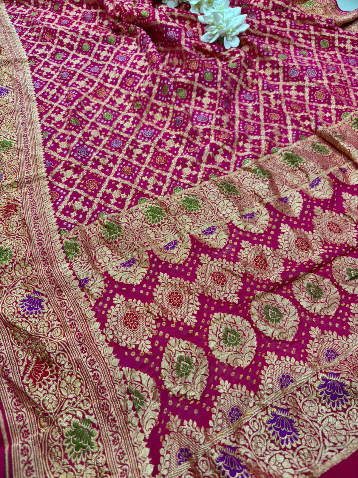 Pink Bandhani Pure Georgette Unstitched Three Piece Suit Set - Luxurion World