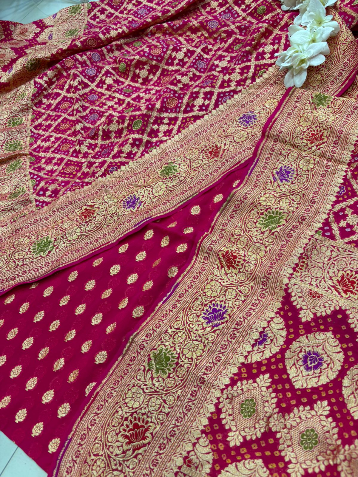 Pink Bandhani Pure Georgette Unstitched Three Piece Suit Set - Luxurion World