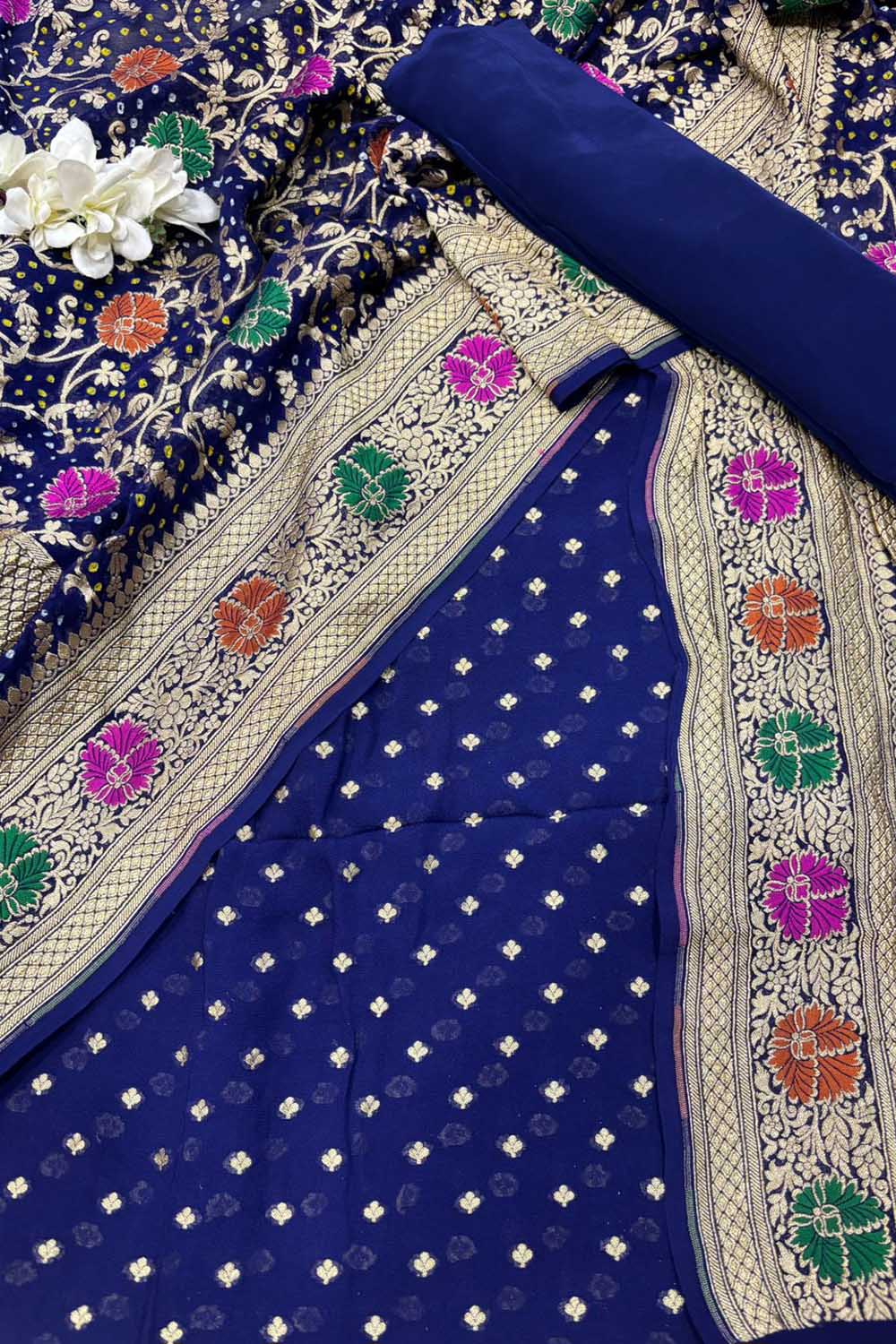 Blue Bandhani Pure Georgette Unstitched Three Piece Suit Set - Luxurion World