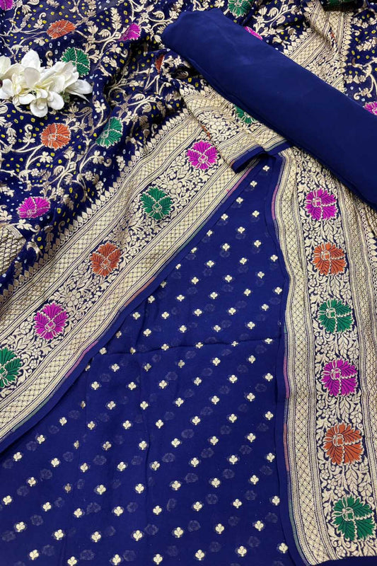 Blue Bandhani Pure Georgette Unstitched Three Piece Suit Set - Luxurion World