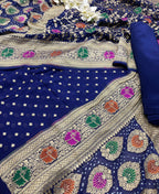 Blue Bandhani Pure Georgette Unstitched Three Piece Suit Set - Luxurion World