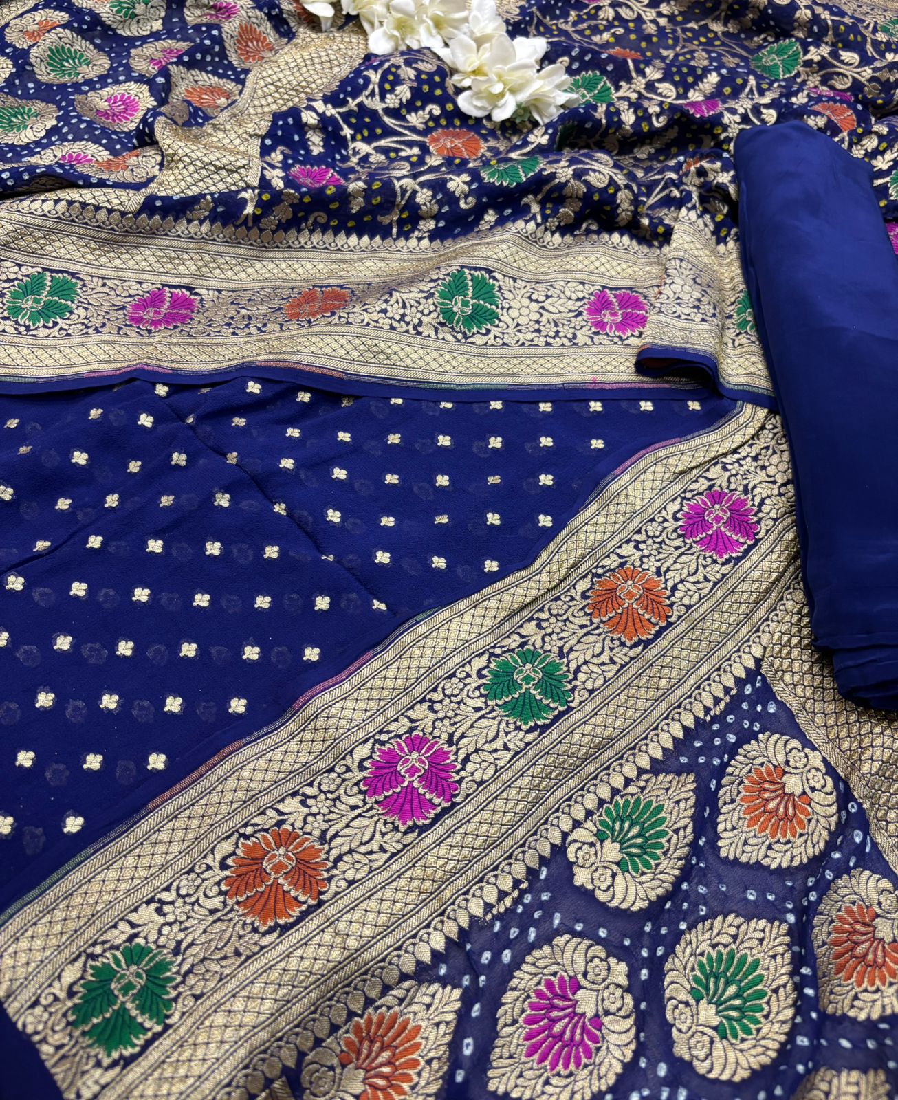 Blue Bandhani Pure Georgette Unstitched Three Piece Suit Set - Luxurion World
