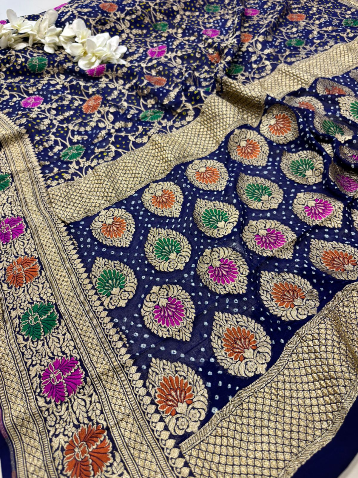 Blue Bandhani Pure Georgette Unstitched Three Piece Suit Set - Luxurion World