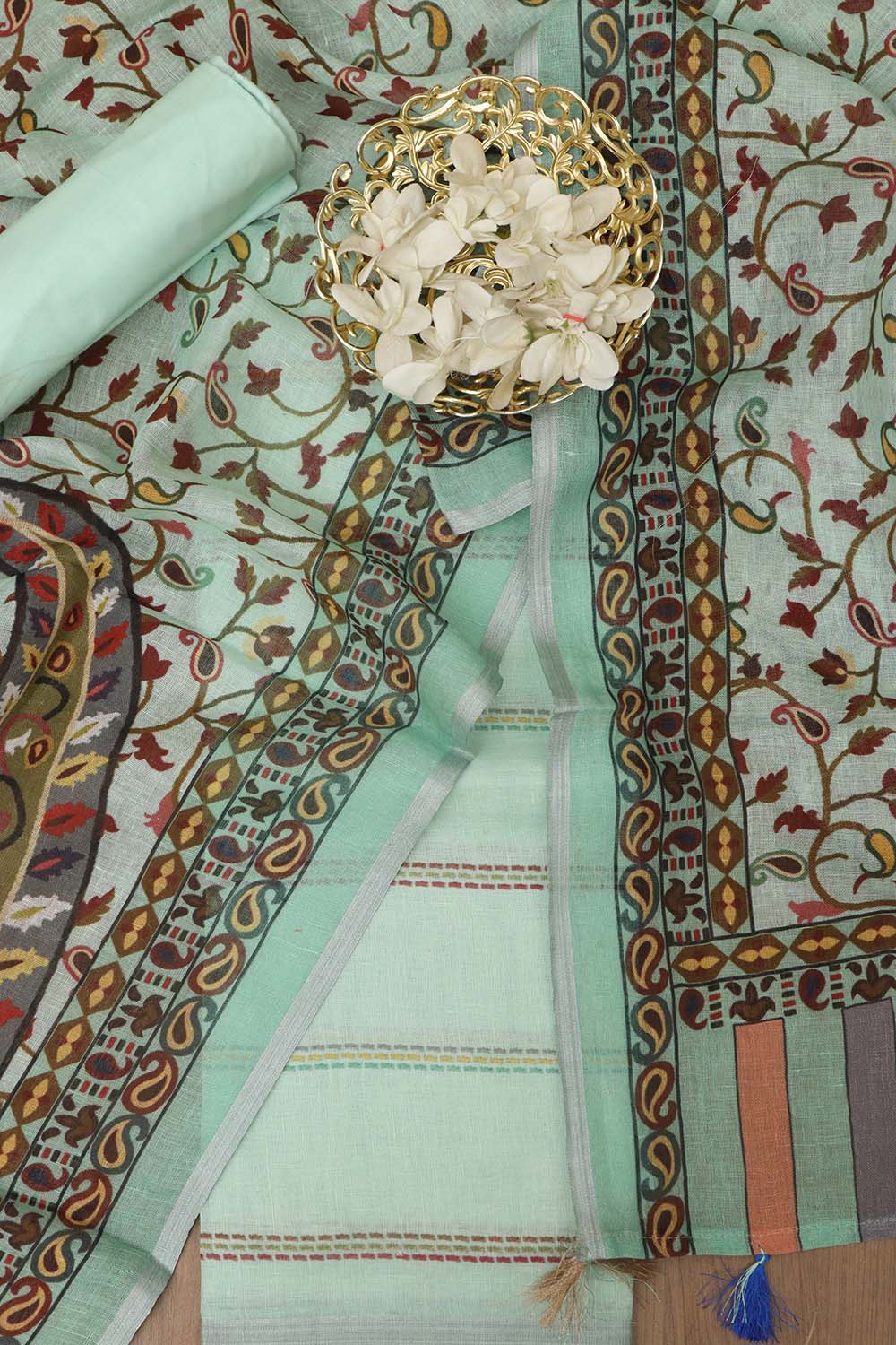 Blue Linen Digital Printed Three Piece Suit Set - Luxurion World