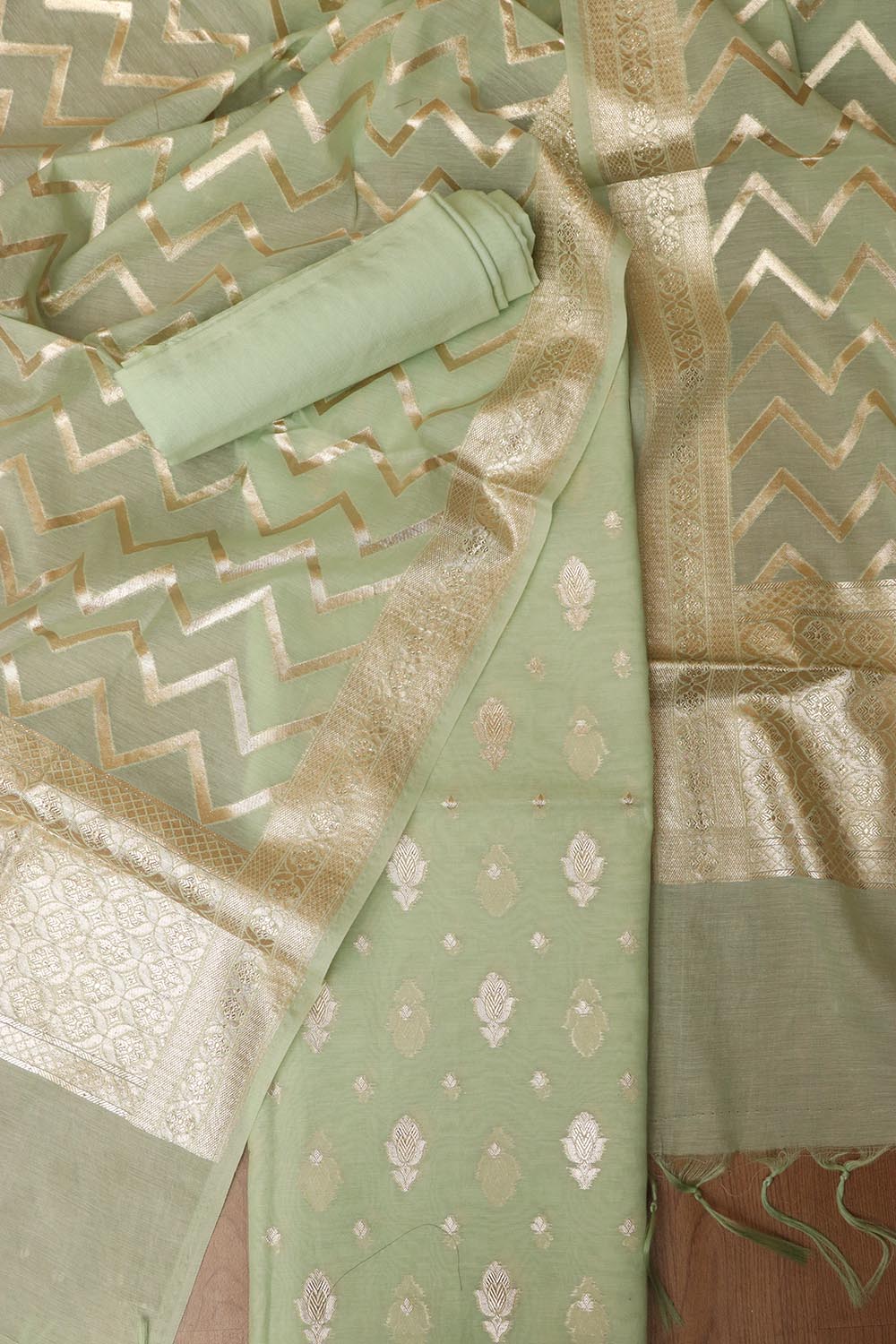 Green Banarasi Chanderi Silk Three Piece Unstitched Suit Set - Luxurion World
