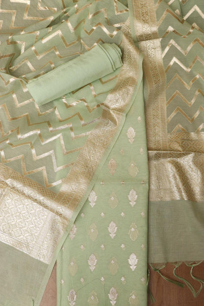 Green Banarasi Chanderi Silk Three Piece Unstitched Suit Set - Luxurion World
