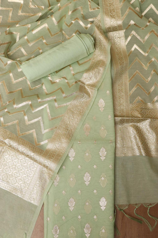 Green Banarasi Chanderi Silk Three Piece Unstitched Suit Set - Luxurion World
