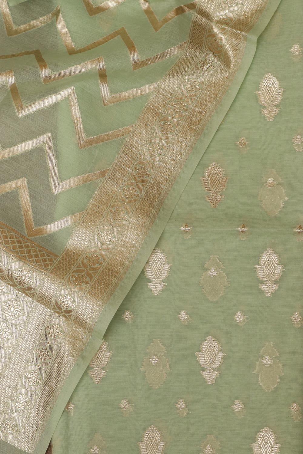 Green Banarasi Chanderi Silk Three Piece Unstitched Suit Set - Luxurion World