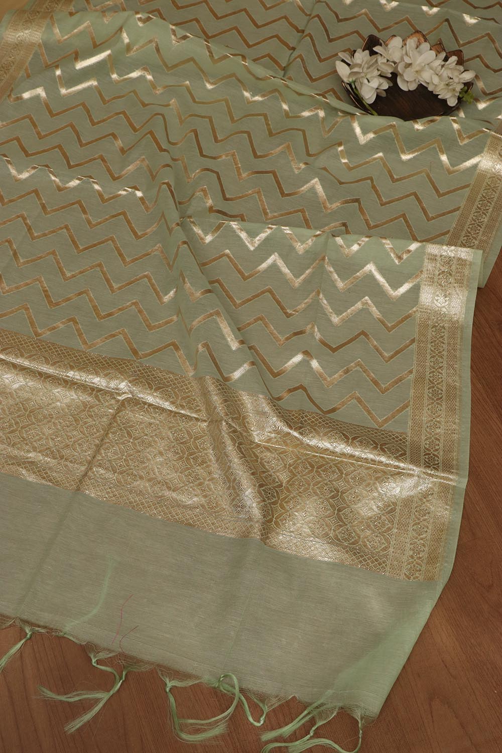 Green Banarasi Chanderi Silk Three Piece Unstitched Suit Set - Luxurion World