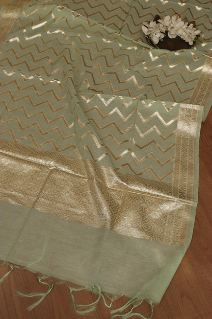 Green Banarasi Chanderi Silk Three Piece Unstitched Suit Set - Luxurion World