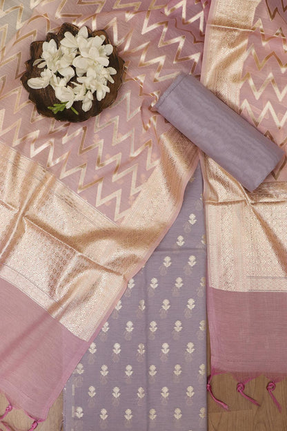 Elegant Purple Banarasi Chanderi Silk Three Piece Unstitched Suit Set - Luxurion World