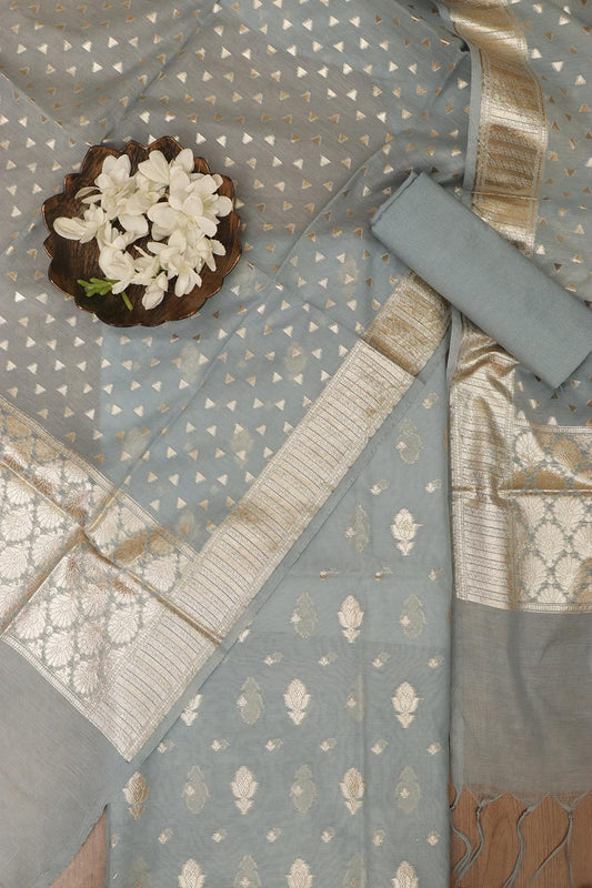 Elegant Grey Banarasi Chanderi Silk Three Piece Unstitched Suit Set - Luxurion World