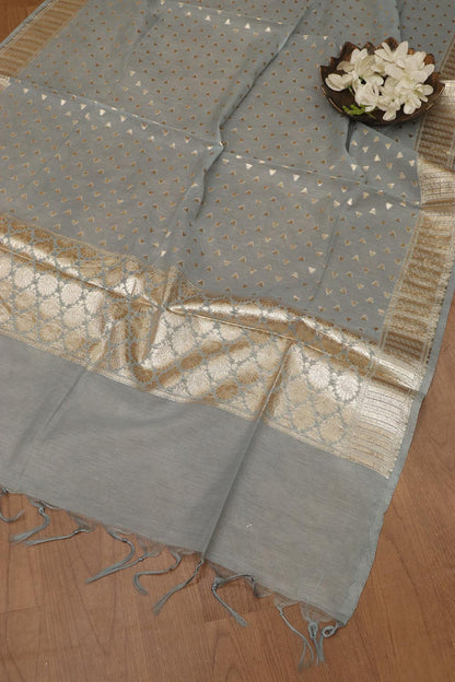 Elegant Grey Banarasi Chanderi Silk Three Piece Unstitched Suit Set - Luxurion World