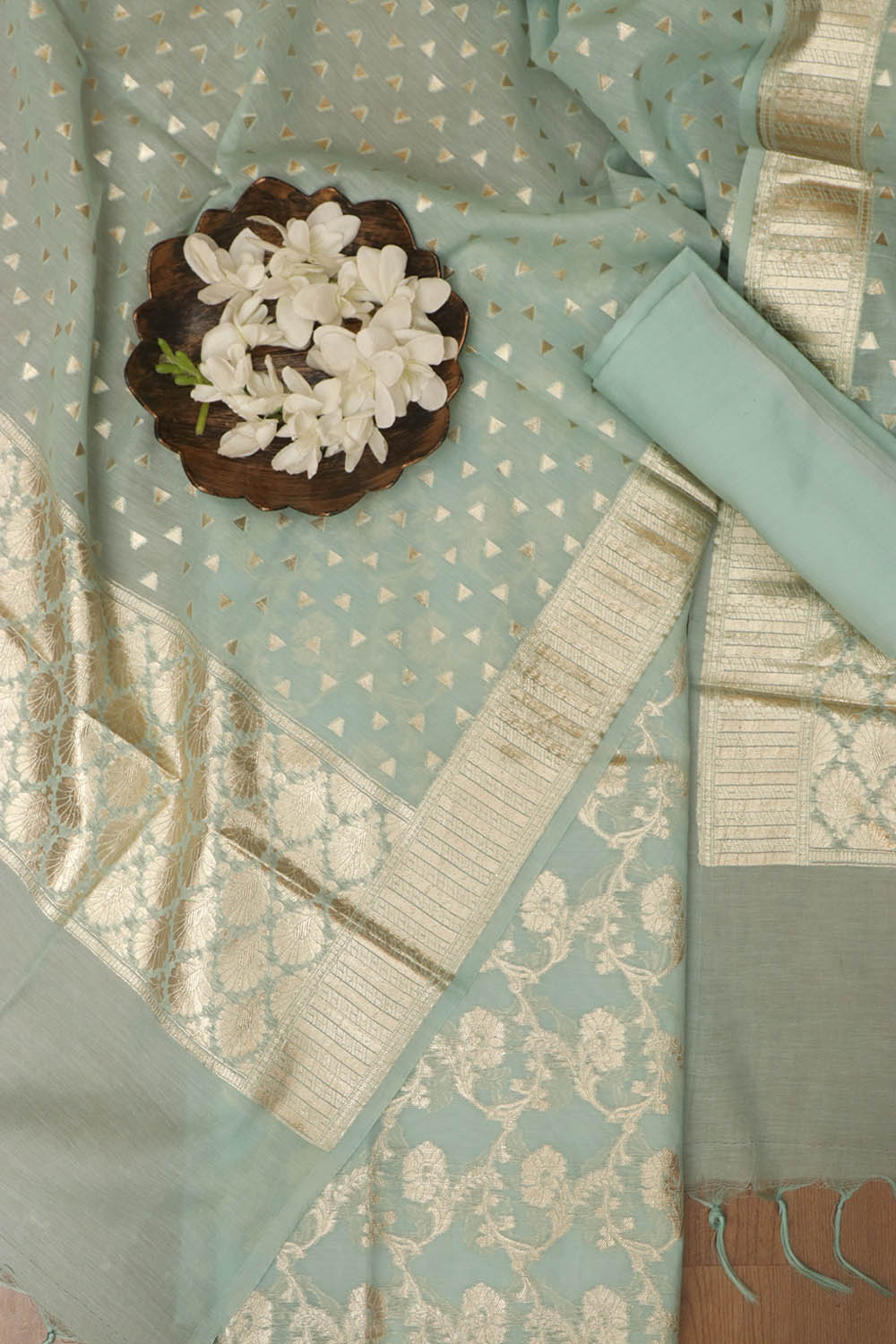 Blue Banarasi Chanderi Silk Three Piece Unstitched Suit Set - Luxurion World