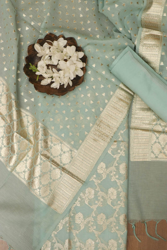 Blue Banarasi Chanderi Silk Three Piece Unstitched Suit Set - Luxurion World