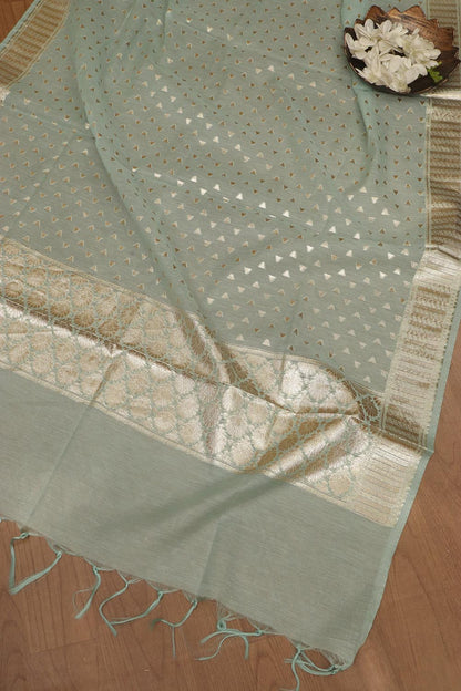 Blue Banarasi Chanderi Silk Three Piece Unstitched Suit Set - Luxurion World